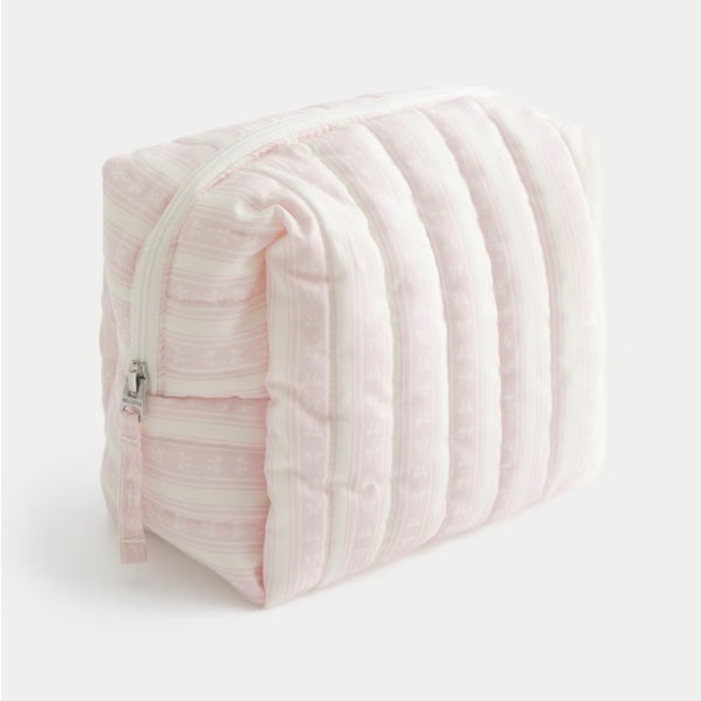 🆕 Hollister Striped Pink & White Bows Cosmetic Makeup Bag Pouch